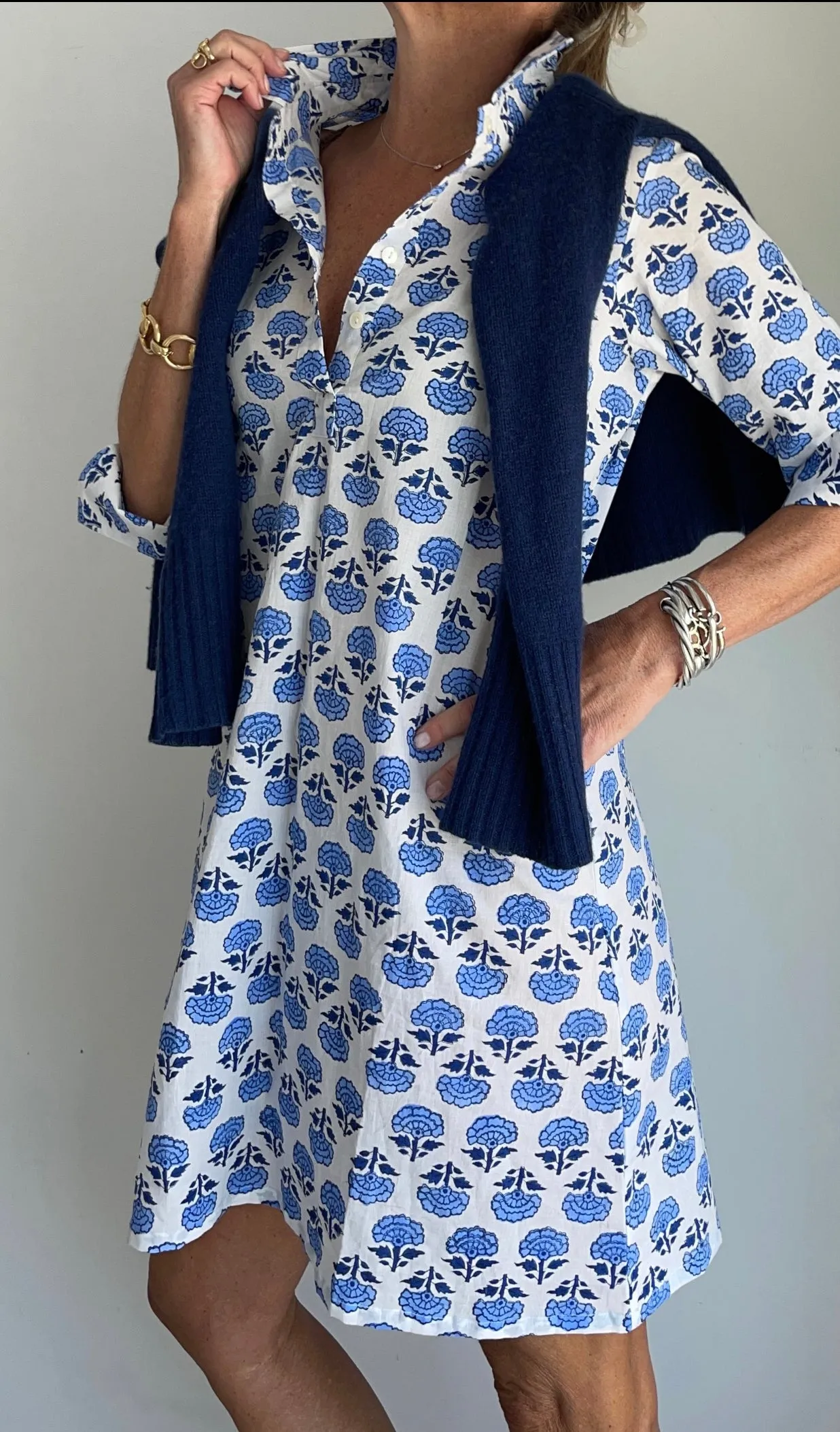 Sconset Block Print Shirt Dress (Blue)