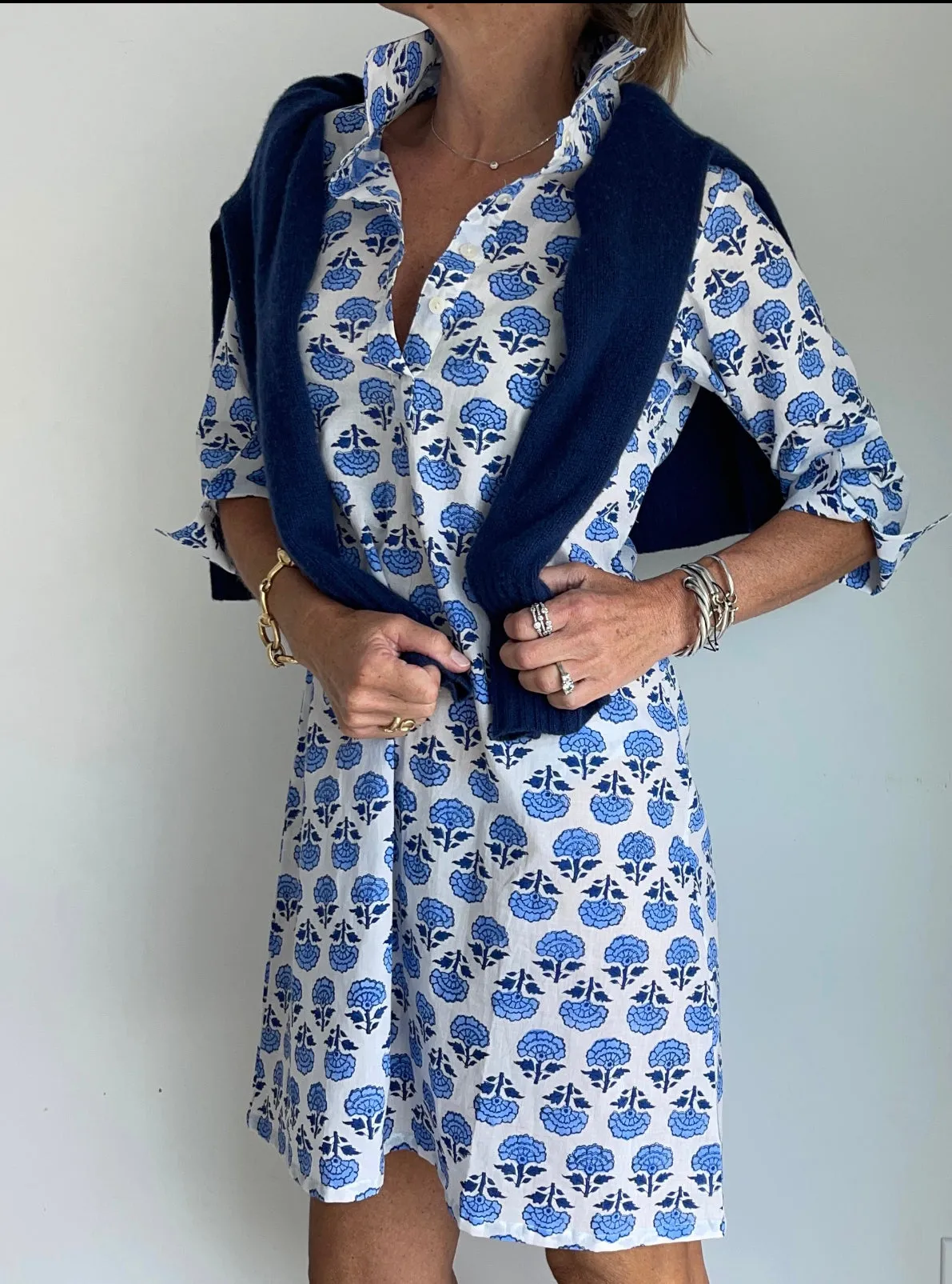 Sconset Block Print Shirt Dress (Blue)