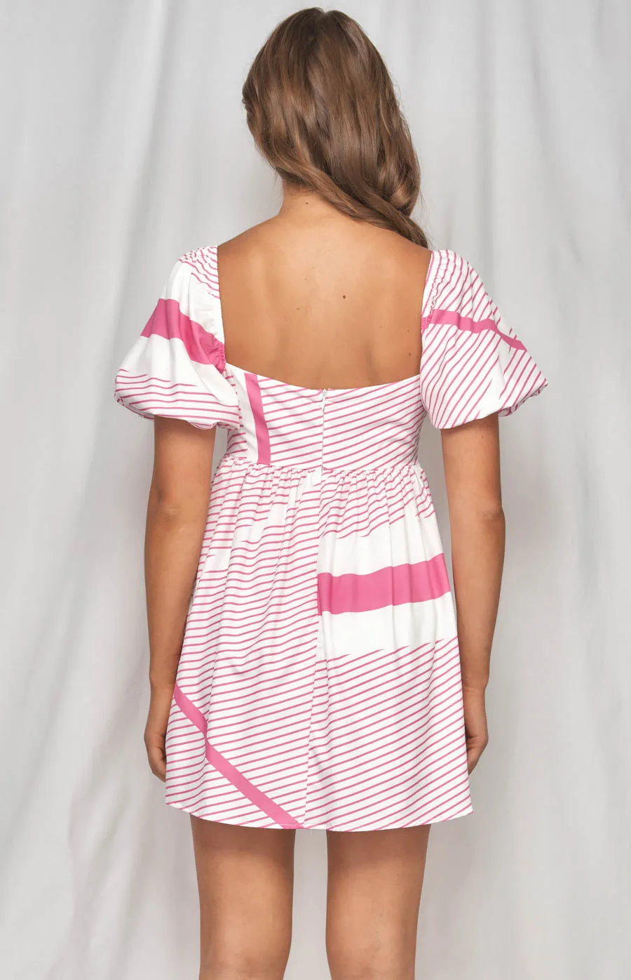 Stripe Baby Doll Dress With Puff Sleeves