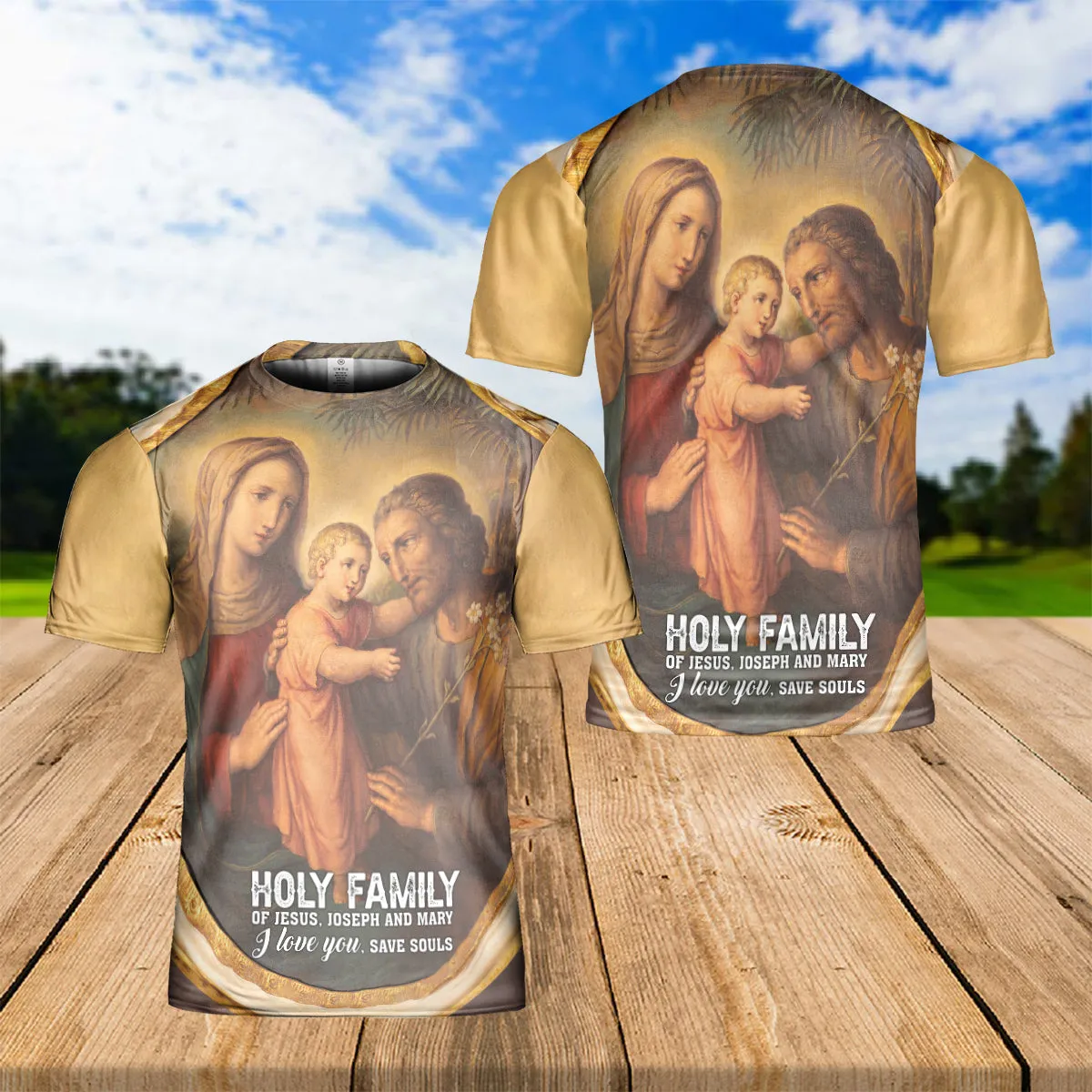 Teesdily | Family Jesus Joseph Mary Graphic 3D Tshirt Jesus Christian Family Matching All Over Print Tee Religious Gift Faith Believers