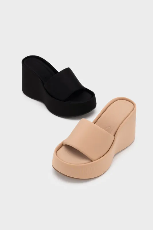 TEXTILE PLATFORM WEDGE HEEL SLIDE