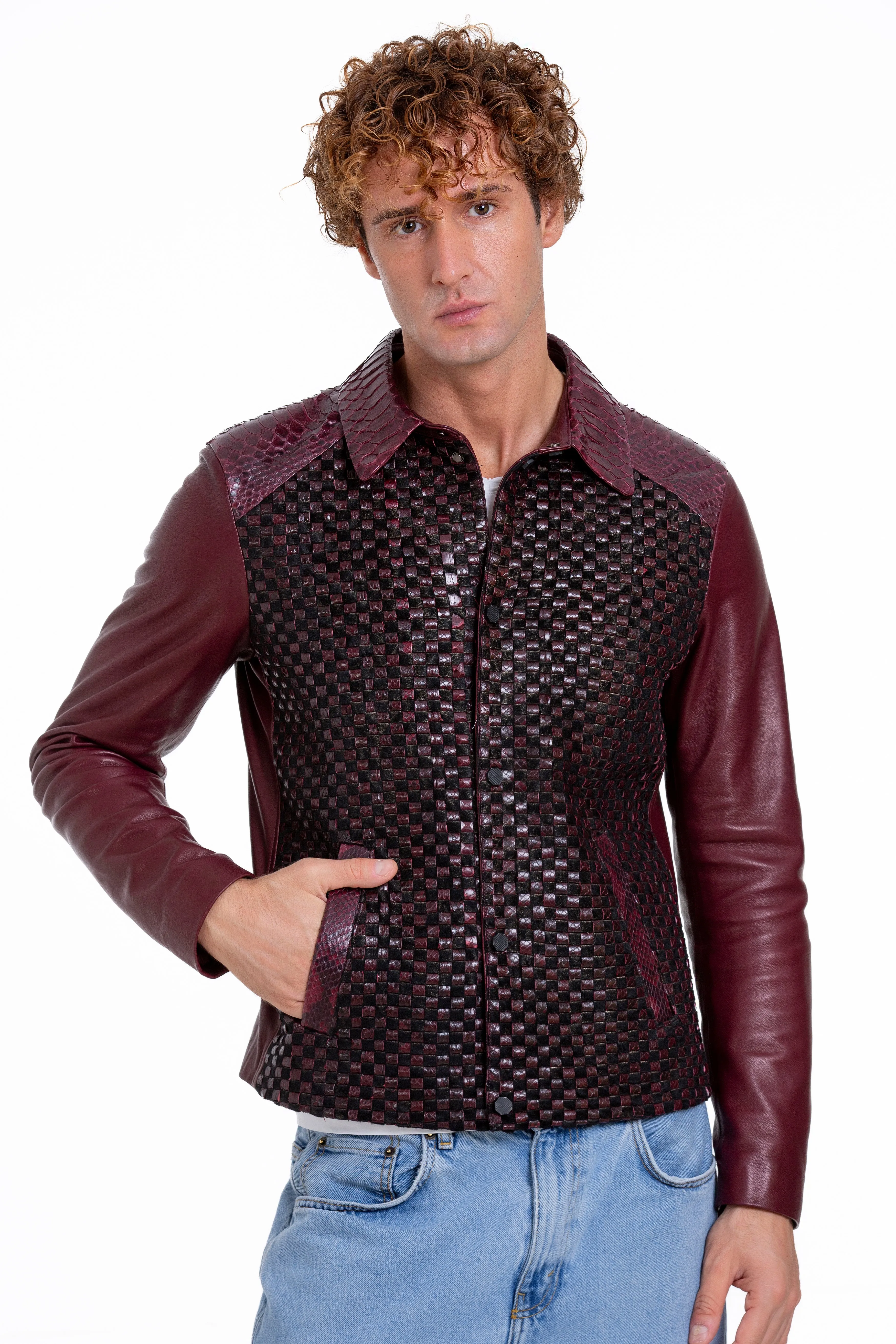 The Bedford Pythn Skin Handwoven Leather Burgundy Men Jacket