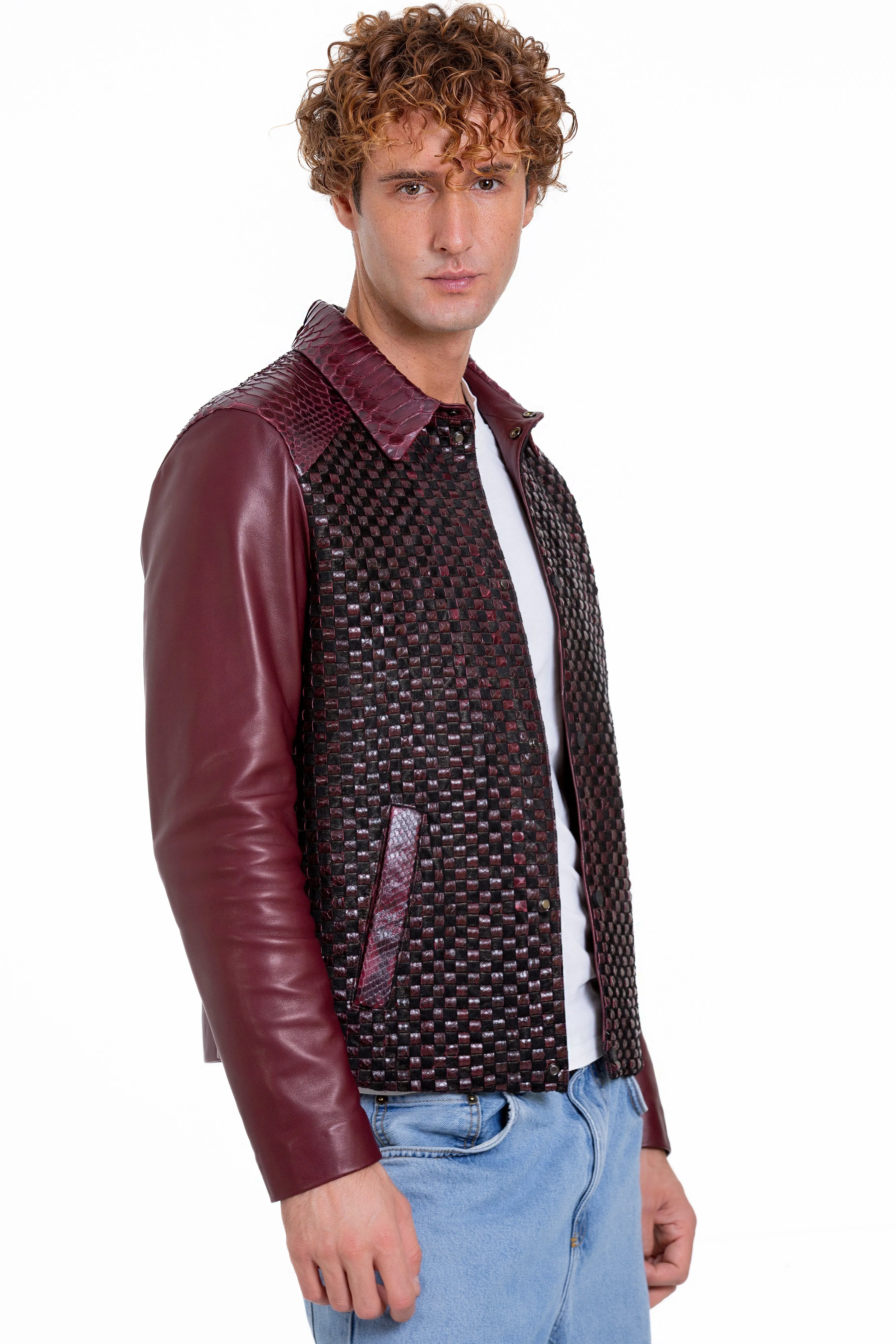 The Bedford Pythn Skin Handwoven Leather Burgundy Men Jacket