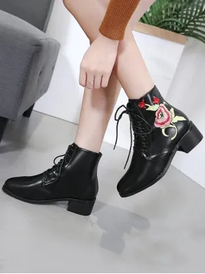 Trendy Embroidery Faux Leather Tie Up Ankle Boots