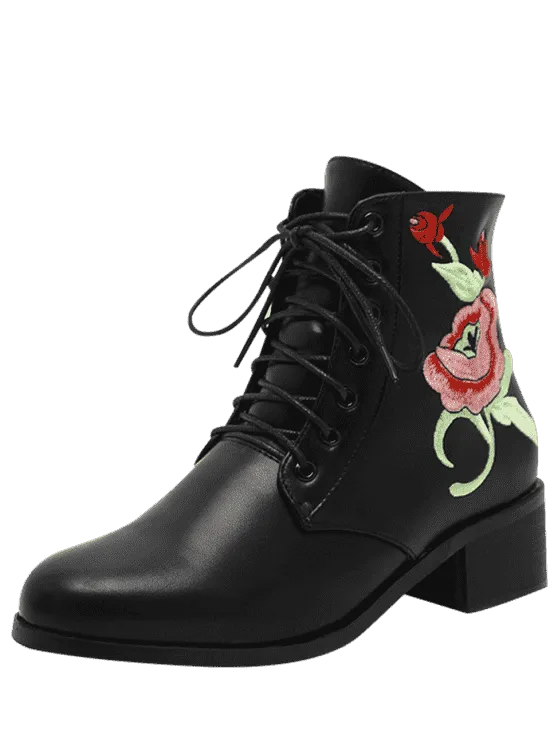 Trendy Embroidery Faux Leather Tie Up Ankle Boots