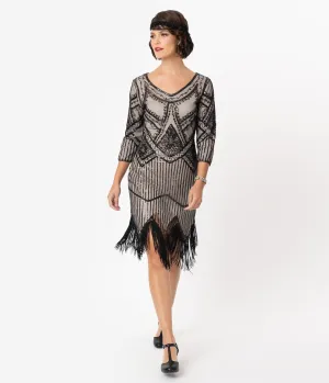 Unique Vintage 1920s Champagne & Black Beaded Sleeved Noemie Fringe Flapper Dress