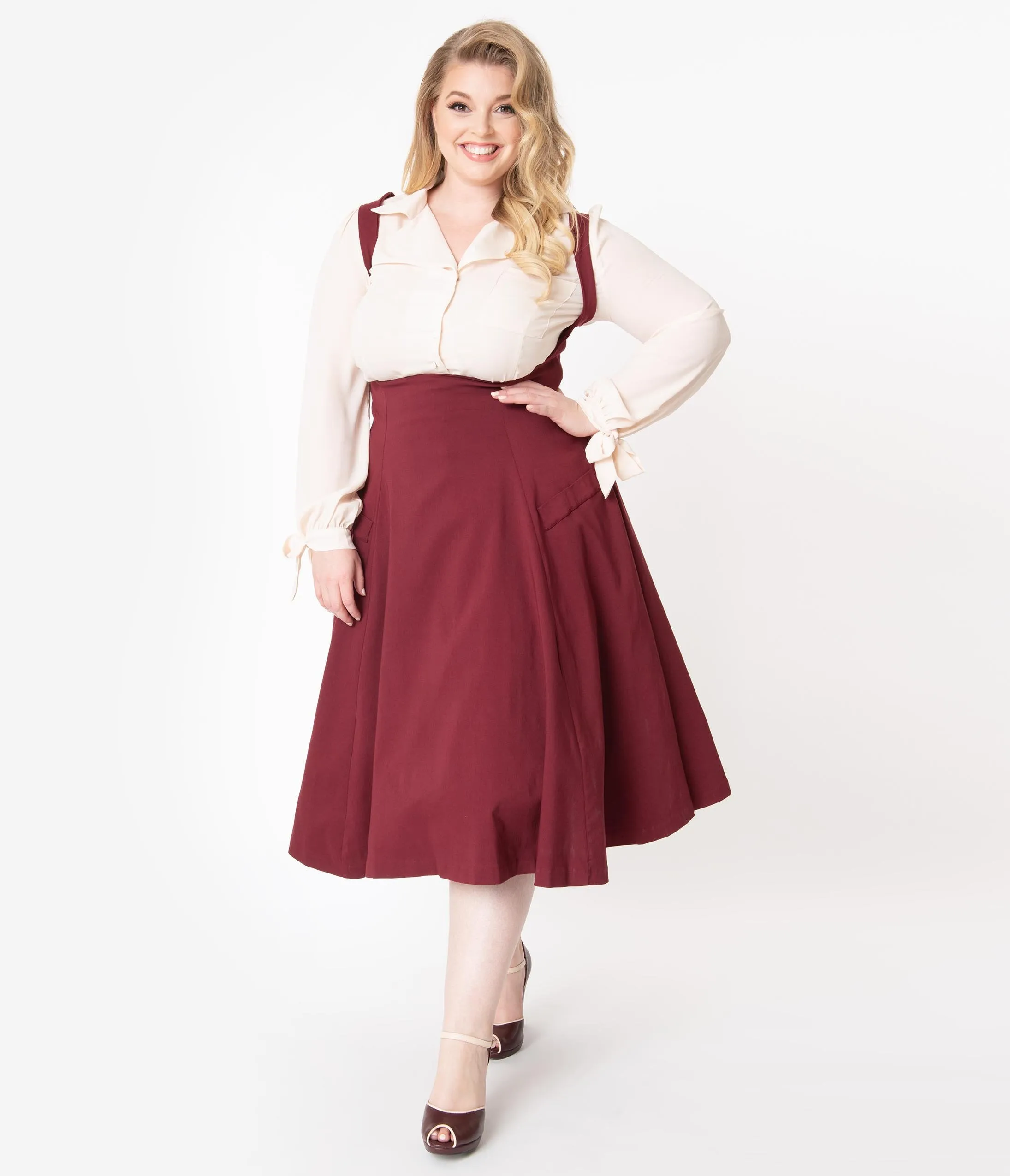 Unique Vintage Plus Size 1950s Burgundy Amma Suspender Swing Skirt