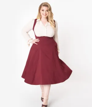 Unique Vintage Plus Size 1950s Burgundy Amma Suspender Swing Skirt