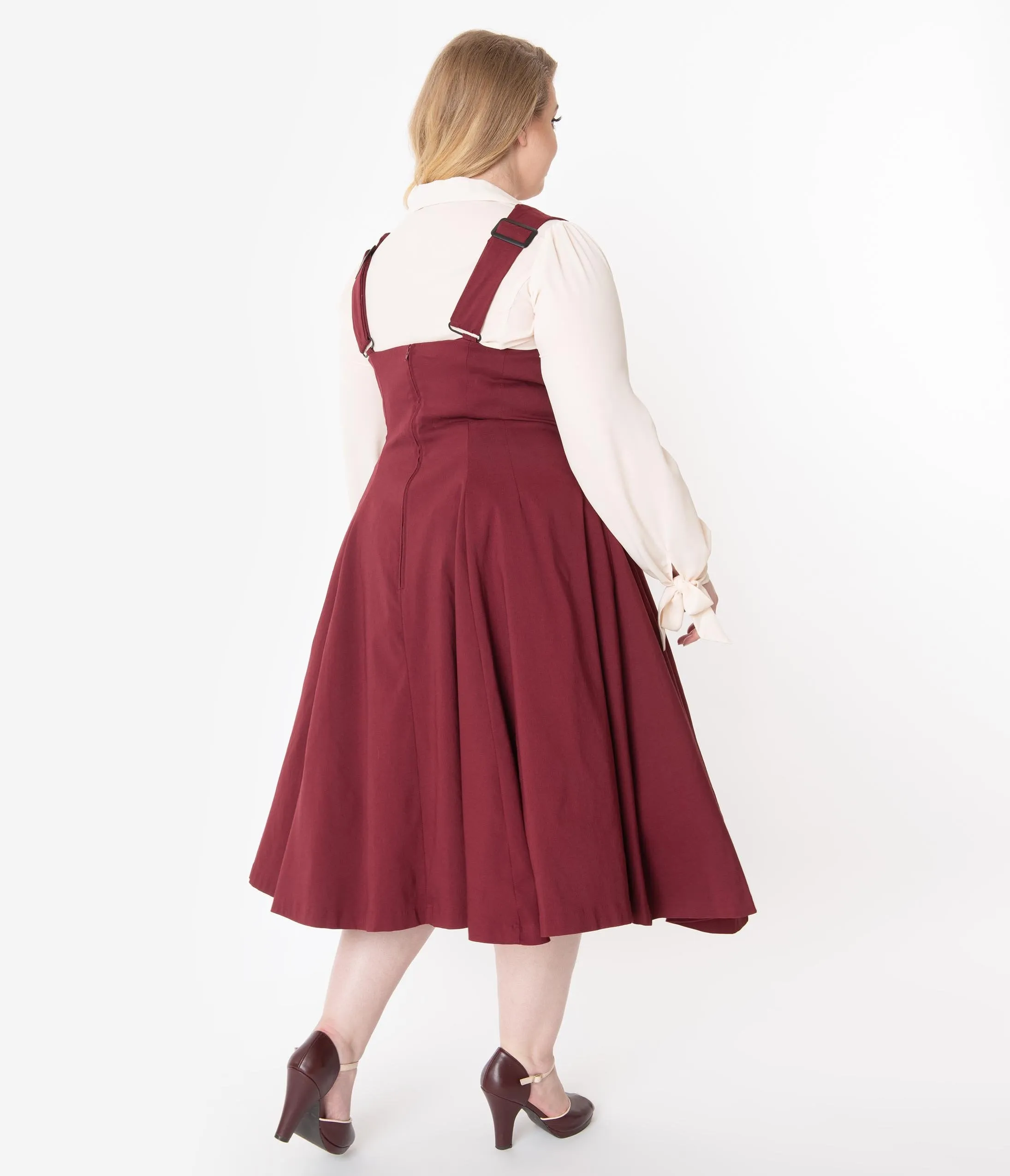 Unique Vintage Plus Size 1950s Burgundy Amma Suspender Swing Skirt