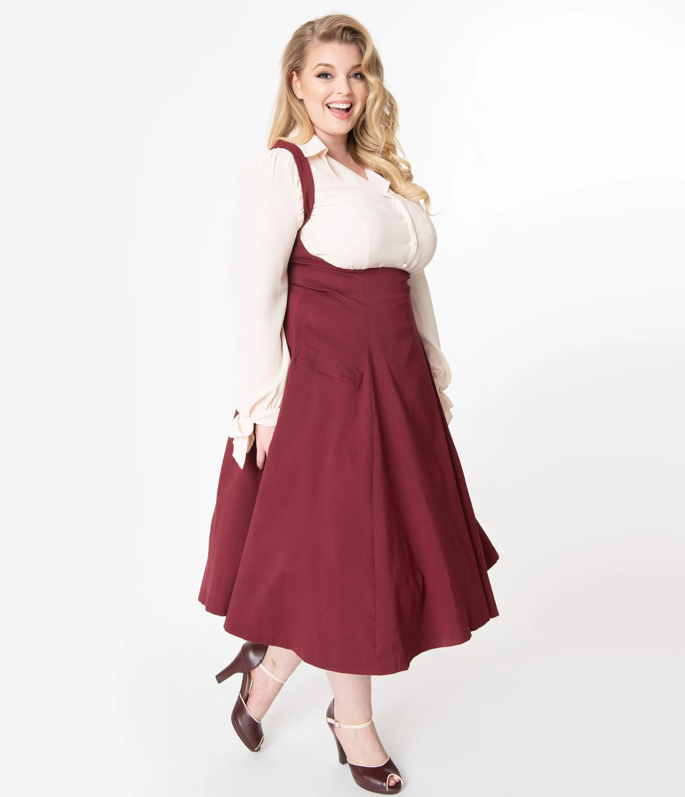 Unique Vintage Plus Size 1950s Burgundy Amma Suspender Swing Skirt