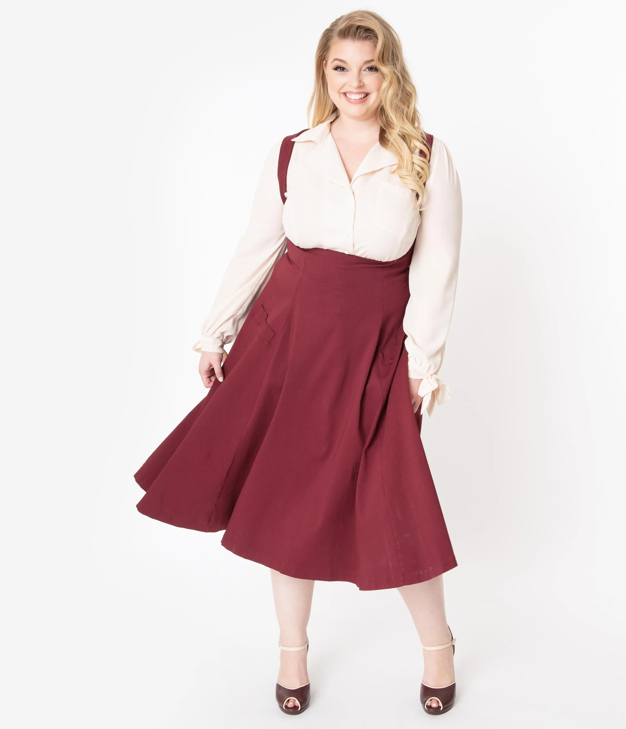 Unique Vintage Plus Size 1950s Burgundy Amma Suspender Swing Skirt