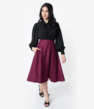 Unique Vintage Retro Style Plum & Black Polka Dot High Waist Vivien Swing Skirt