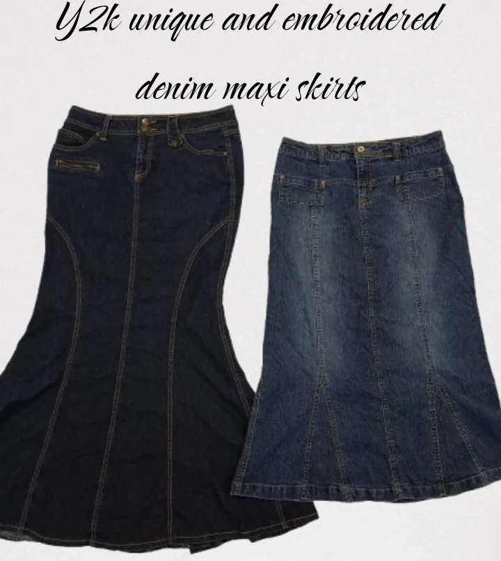 Y2k unique and embrodered denim maxi skirts